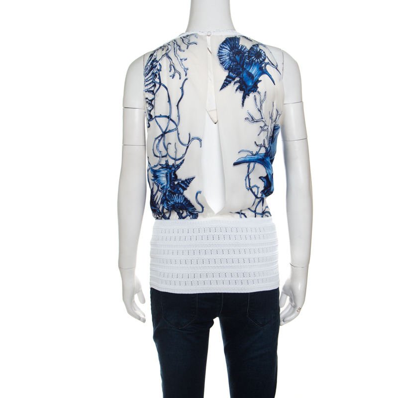 Roberto Cavalli White And Blue Printed Cutout Back Front Tie Sleeveless Top S