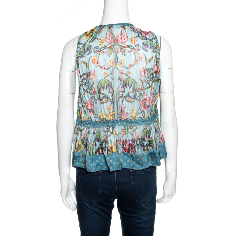 Roberto Cavalli Blue Floral Printed Silk Ruffled Feather Tie Detail Blouse M