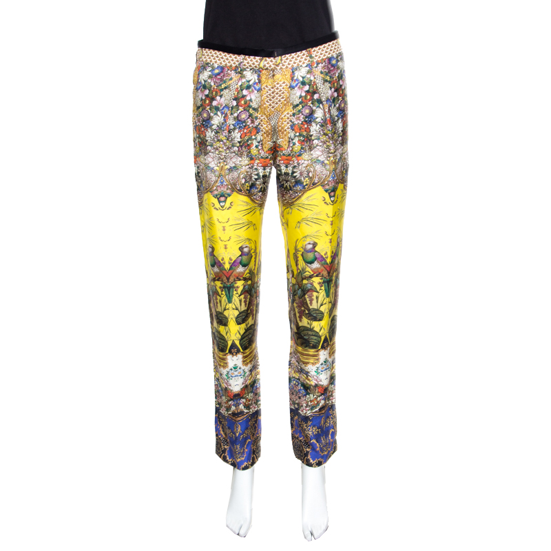 Roberto Cavalli Multicolor Floral And Bird Printed Silk Pants S