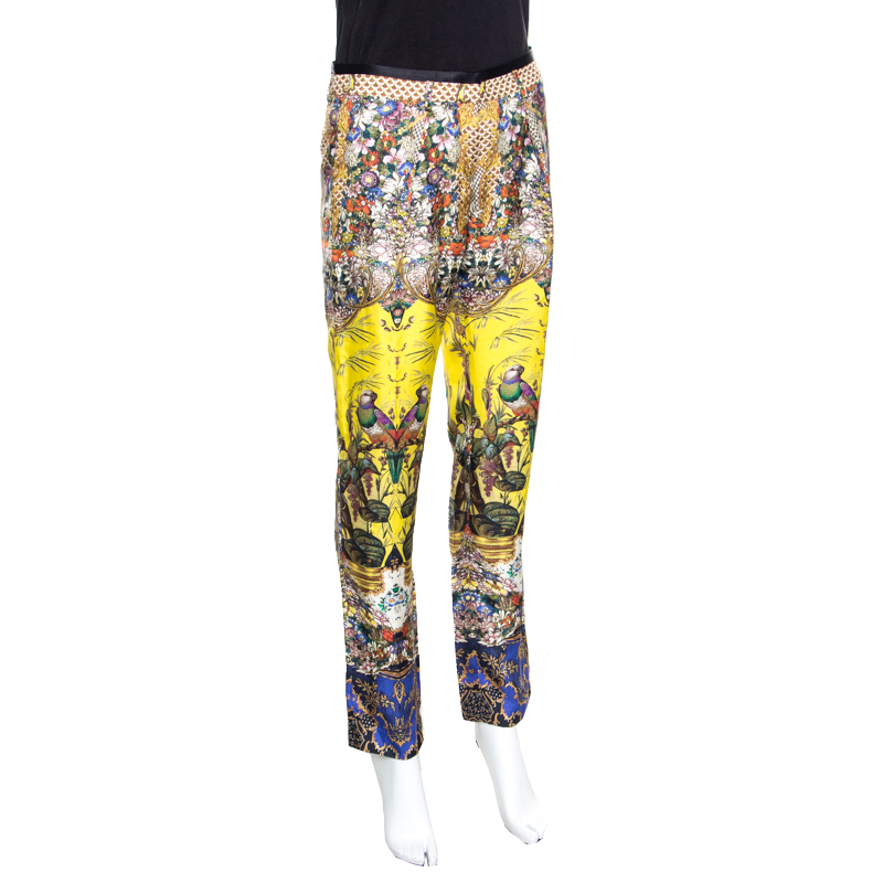 Roberto Cavalli Multicolor Floral And Bird Printed Silk Pants S