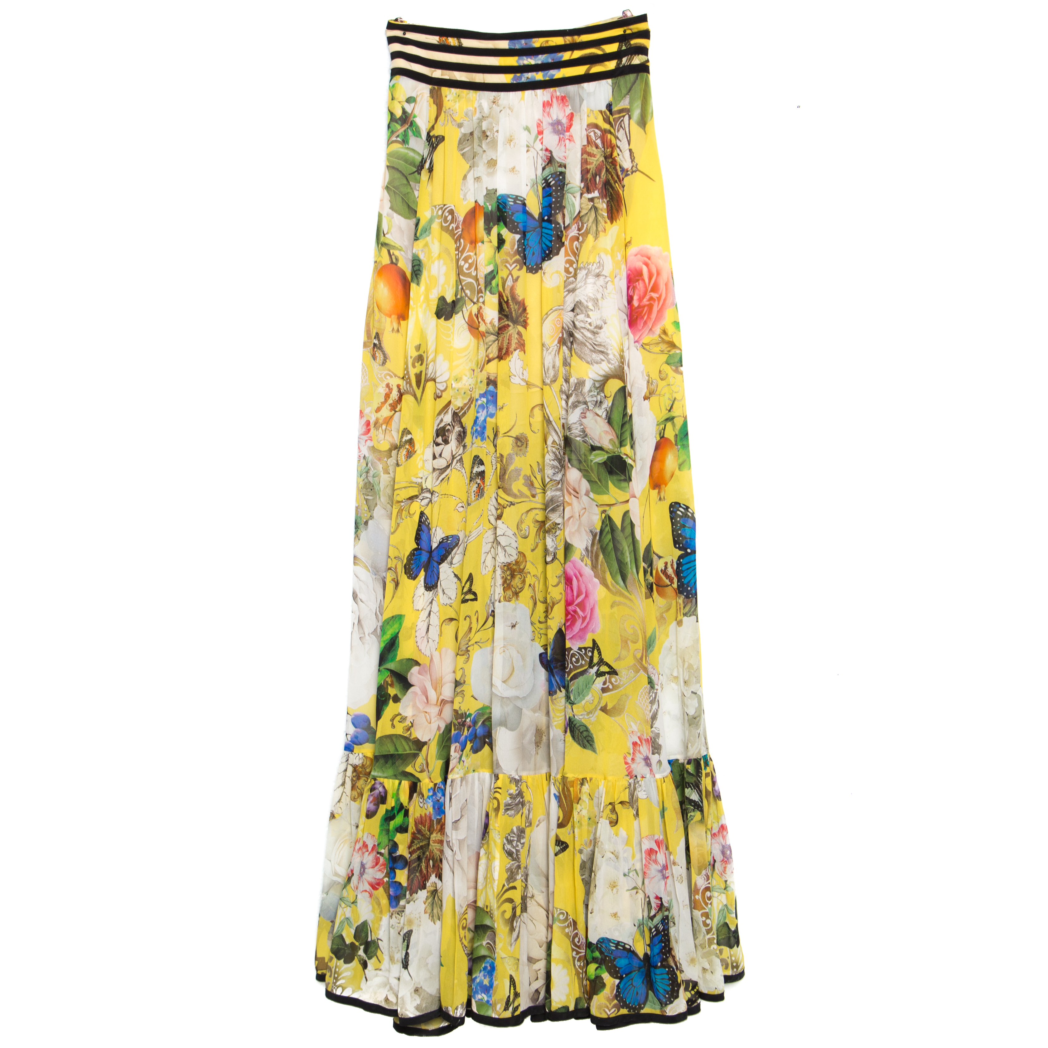 Roberto cavalli yellow wonderland printed silk flounce bottom maxi skirt s