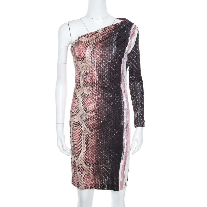 Image of Roberto Cavalli Animal Printed Ruched One Shoulder Dress S