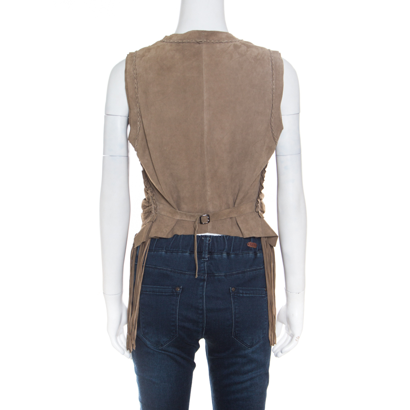 Roberto Cavalli Brown Suede Perforated Fringed Vest S