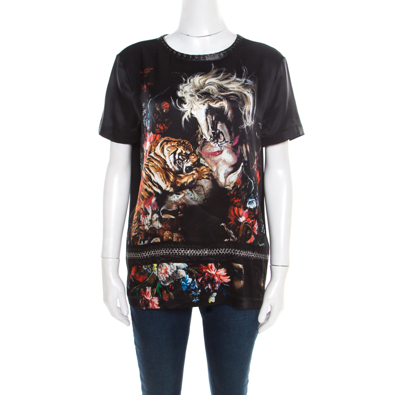 Image of Roberto Cavalli Black Animal Print Silk Leather Trim Blouse M