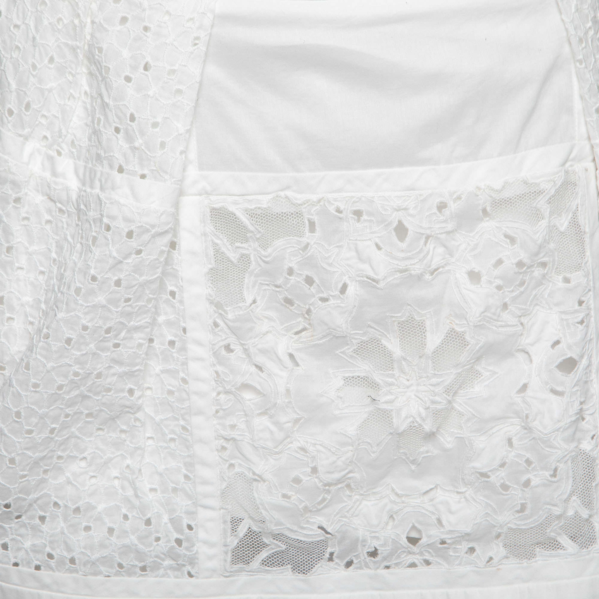 Roberto Cavalli White Broderie Anglaise Cotton Lace Paneled Mini Skirt S
