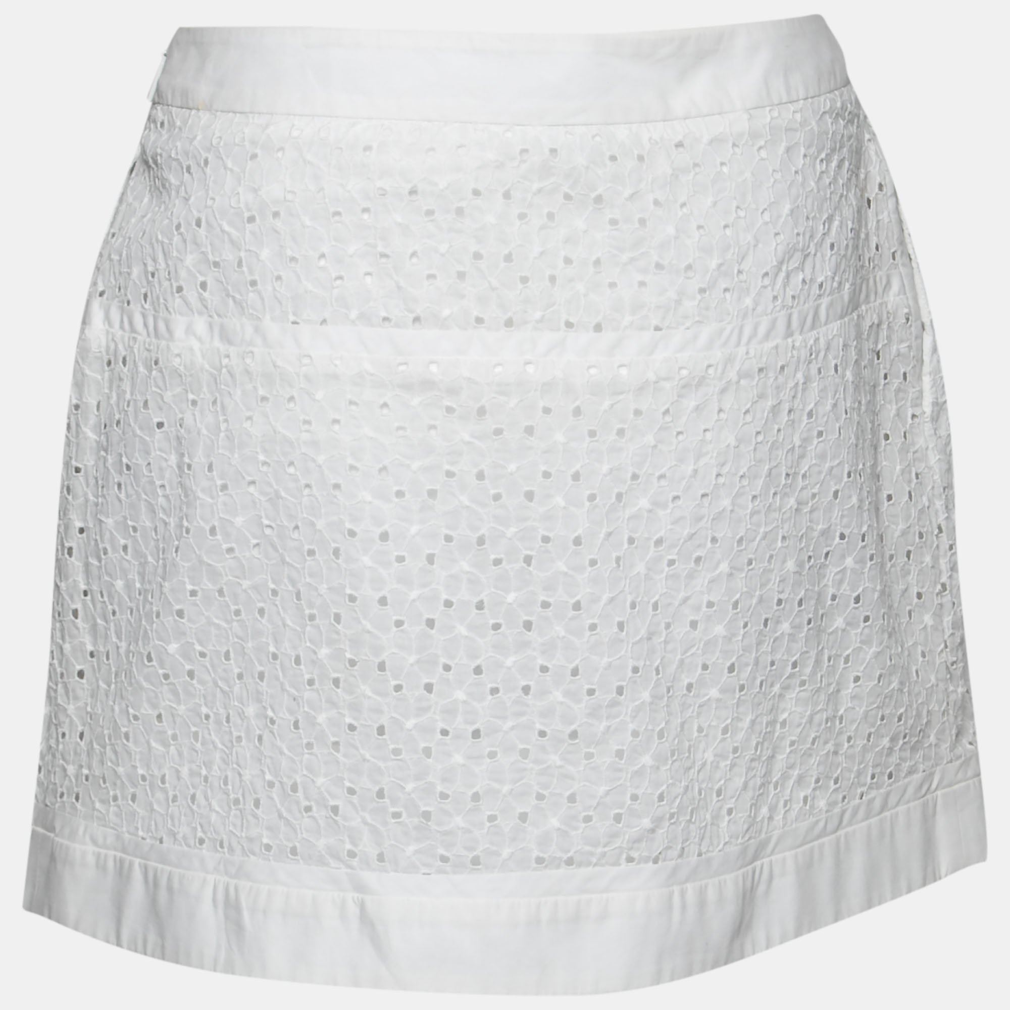 Roberto Cavalli White Broderie Anglaise Cotton Lace Paneled Mini Skirt S