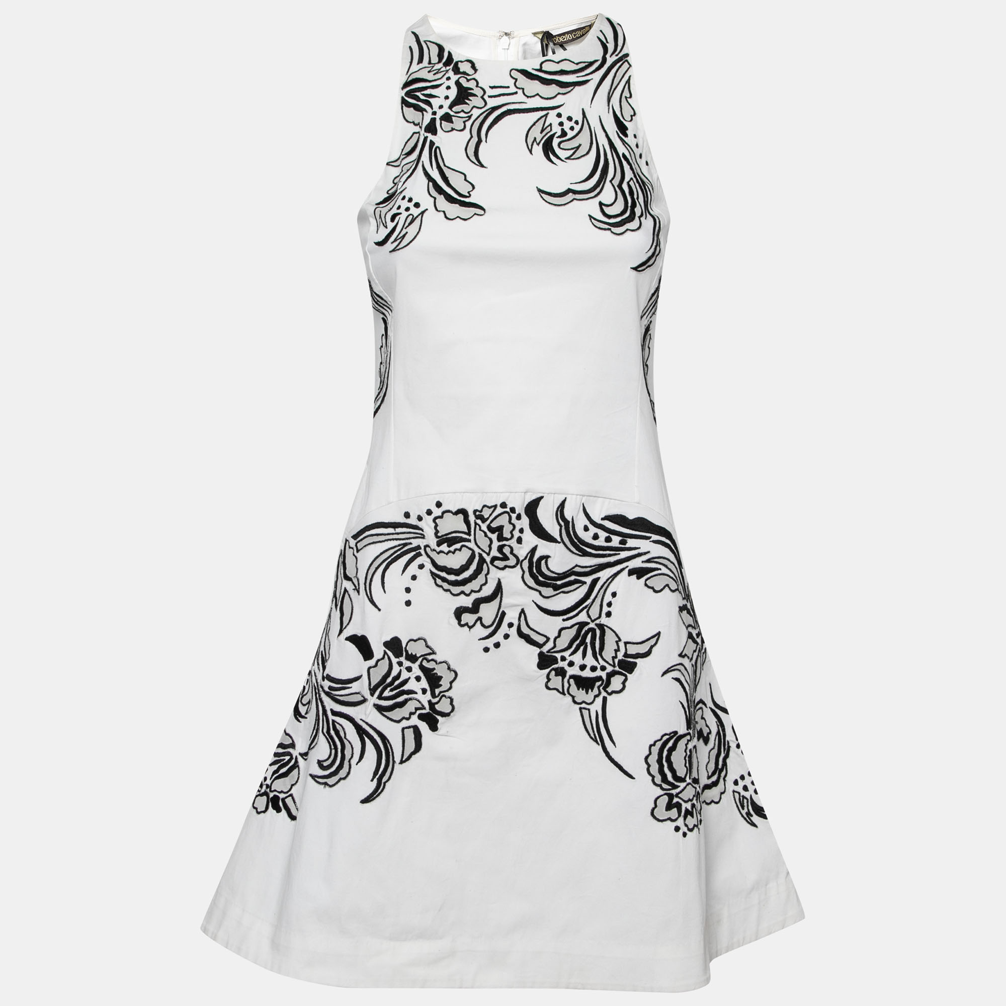 Roberto cavalli white cotton poplin contrast embroidered sleeveless dress s