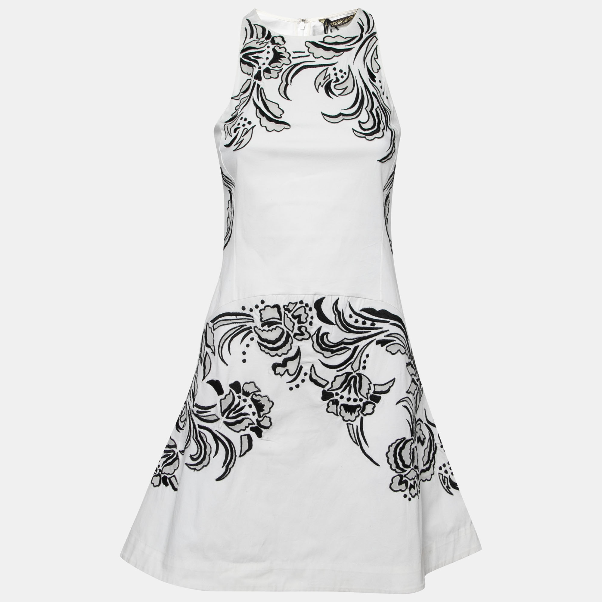Roberto Cavalli White Cotton Poplin Contrast Embroidered Sleeveless Dress S