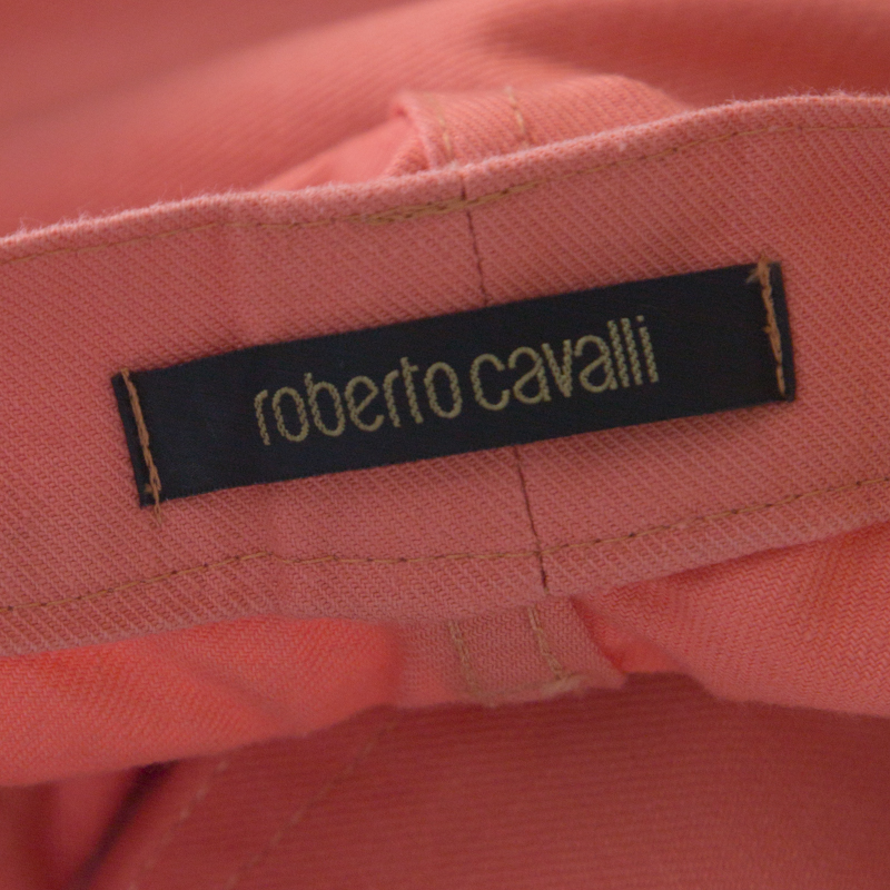 Roberto Cavalli Coral Pink Cotton Twill Denim Logo Print Distressed Jeans L
