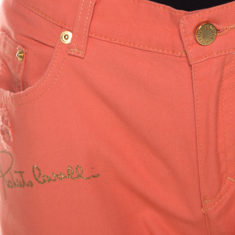 Roberto Cavalli Coral Pink Cotton Twill Denim Logo Print Distressed Jeans L