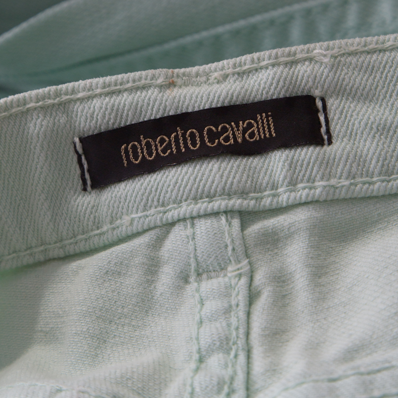 Roberto Cavalli Mint Blue Washed Denim Crinkled Effect Flared Jeans M