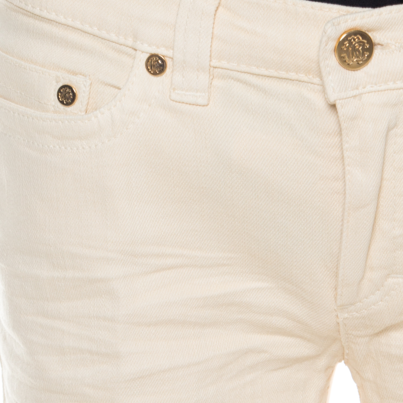 Roberto Cavalli Cream Cotton Twill Denim Crinkled Effect Jeans M