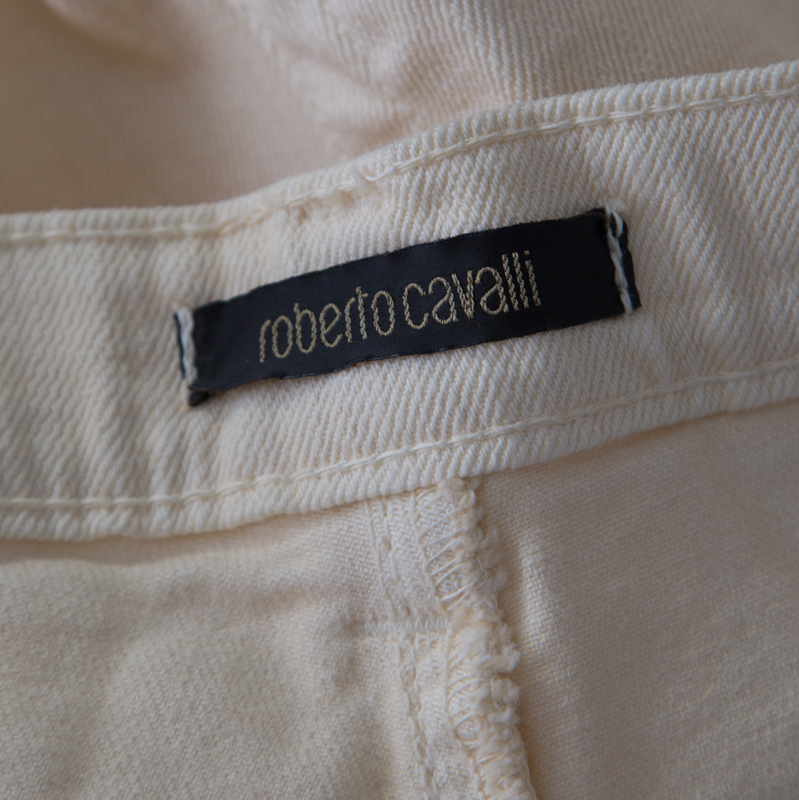 Roberto Cavalli Cream Cotton Twill Denim Crinkled Effect Jeans M