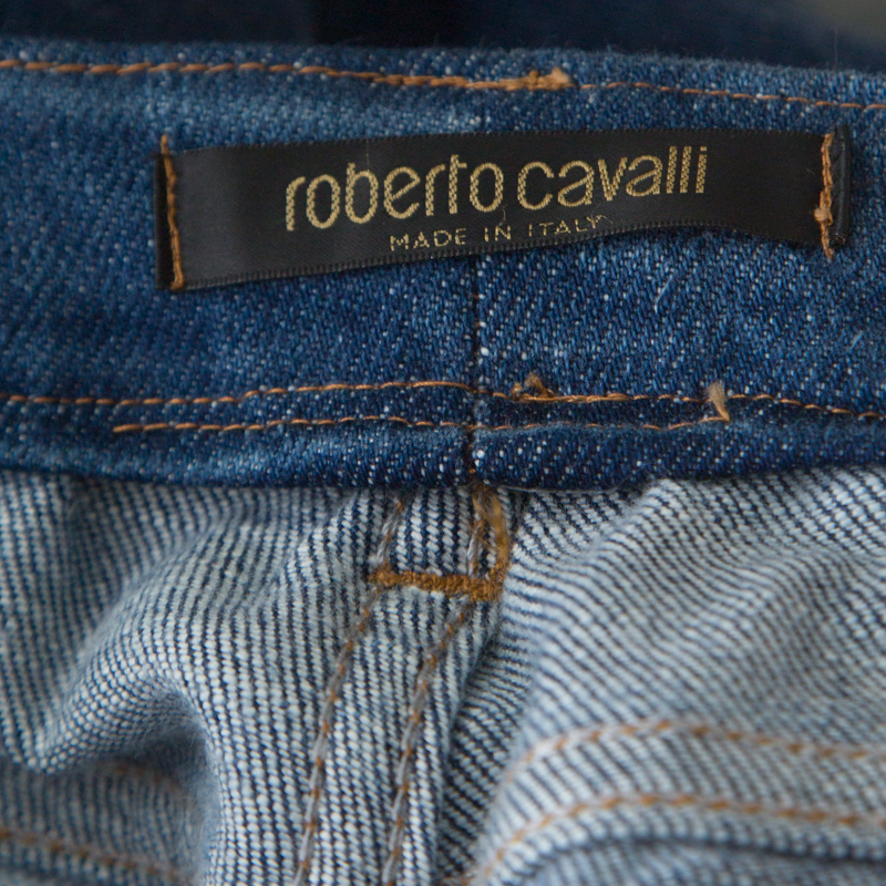 Roberto Cavalli Blue Crystal Embellished Denim Wide Leg Jeans L