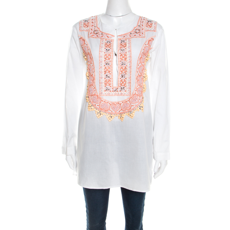 Roberto cavalli white cotton beaded embroidered detail long sleeve blouse s