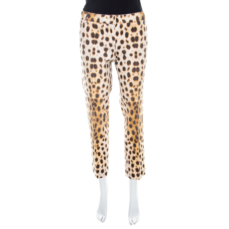 Roberto cavalli beige leopard print cotton tapered ankle grazer trousers m