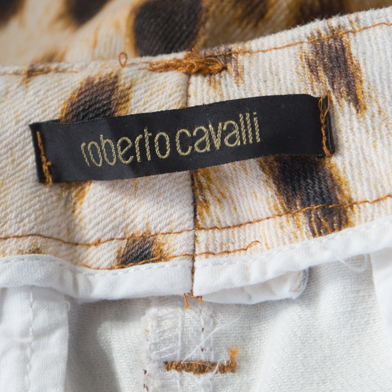 Roberto Cavalli Beige Leopard Print Cotton Tapered Ankle Grazer Trousers M