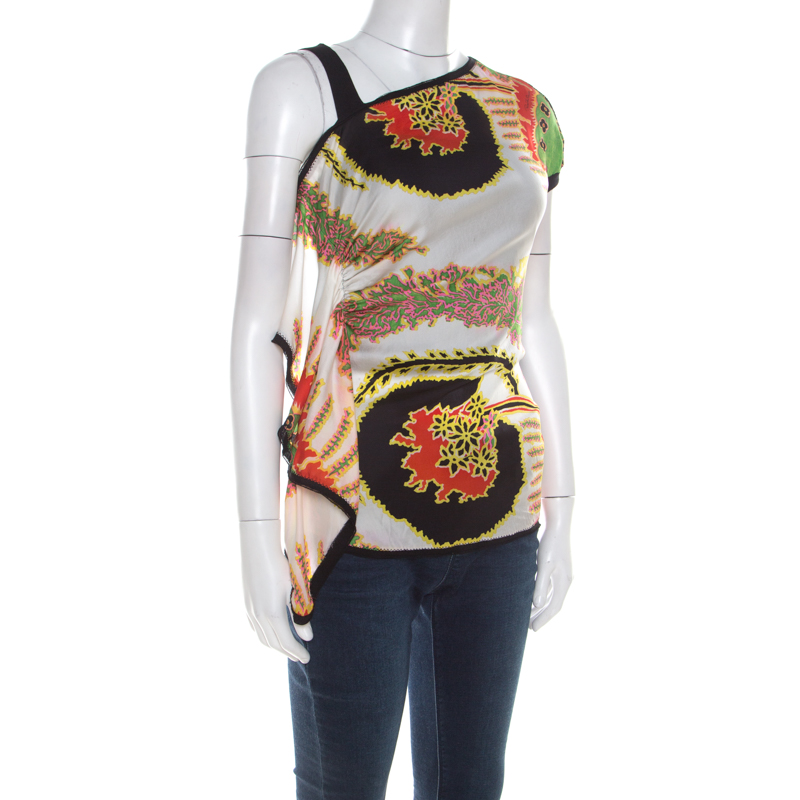 

Roberto Cavalli Multicolor Abstract Printed Silk Asymmetrical Shoulder Detail Top