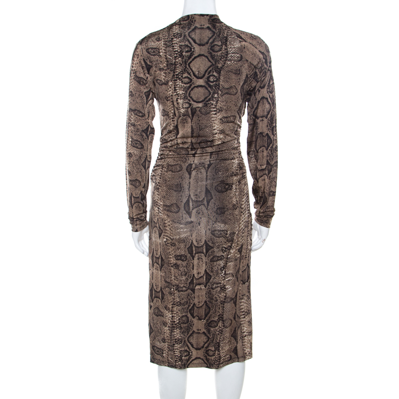 Roberto Cavalli Brown Snake Printed Jersey Ruched Detail Dress S