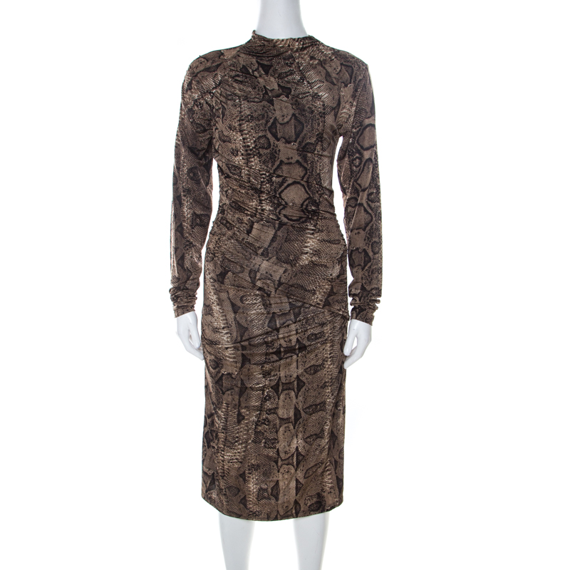 Roberto cavalli brown snake printed jersey ruched detail dress s