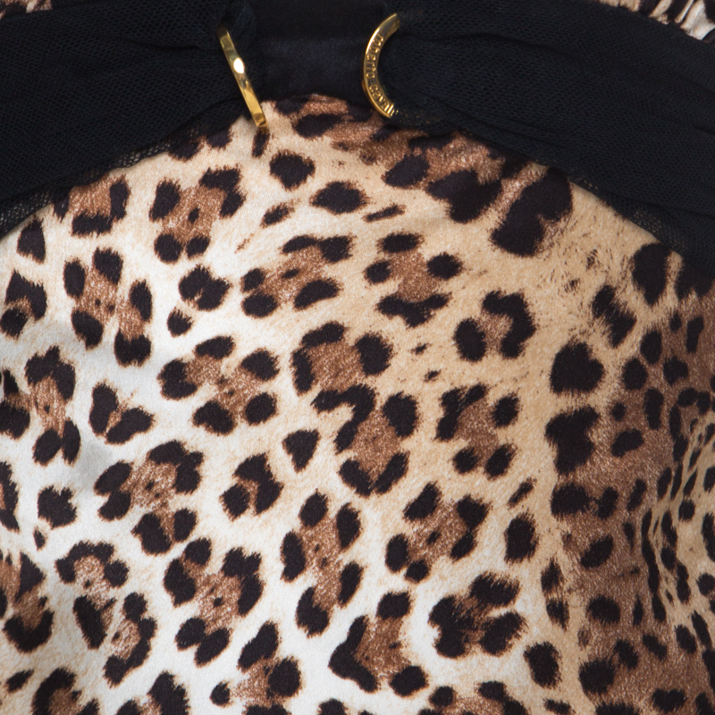 Roberto Cavalli Brown Cheetah Print Silk Tulle Trim Halter Top S