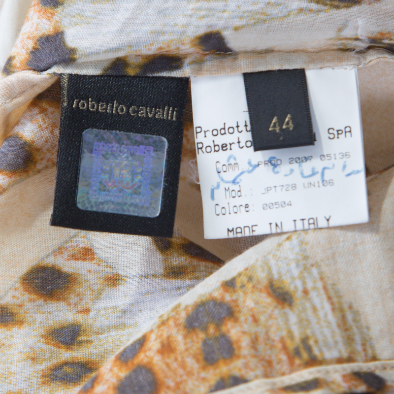 Roberto Cavalli Beige Leopard Printed Cotton Ruched Neckline Poet Blouse M