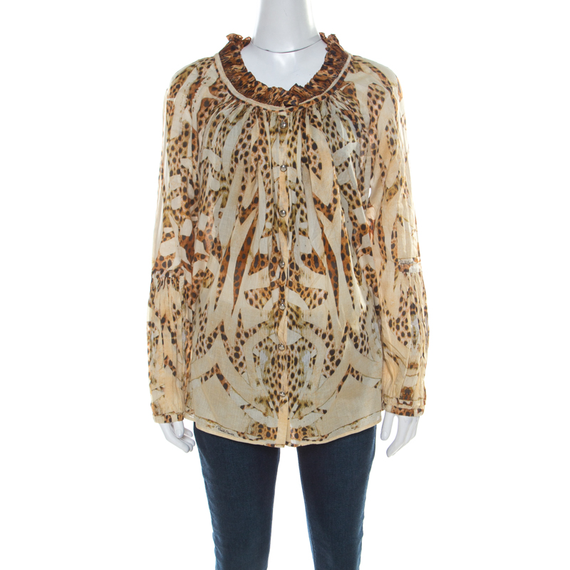 Roberto Cavalli Beige Leopard Printed Cotton Ruched Neckline Poet Blouse M