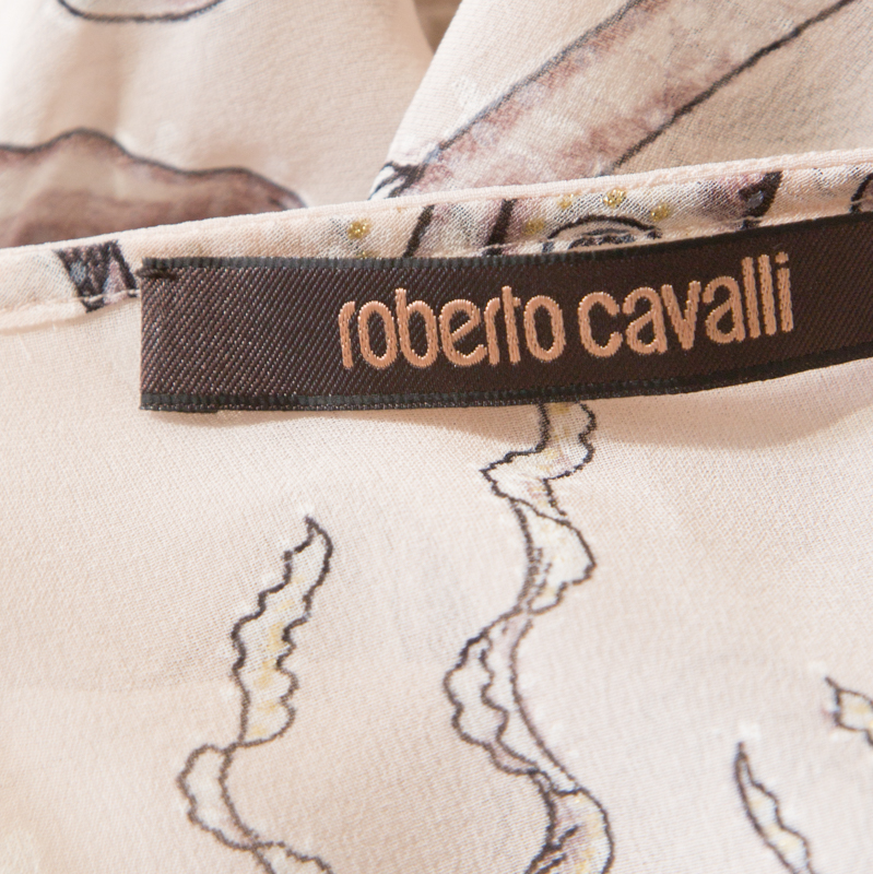 Roberto Cavalli Cream And Brown Silk Chiffon Botanical Print Top M