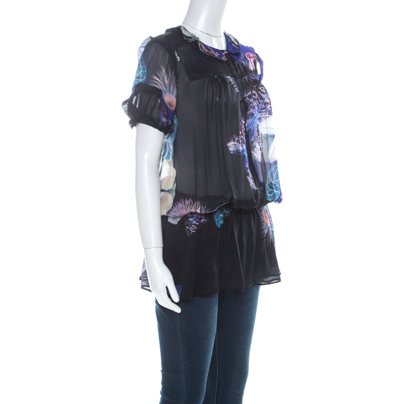 Roberto Cavalli Black and Purple Floral Printed Silk Elasticized Waist Sheer Top
Roberto Cavalli Black and Purple Floral Printed Silk Elasticized Waist Sheer Top