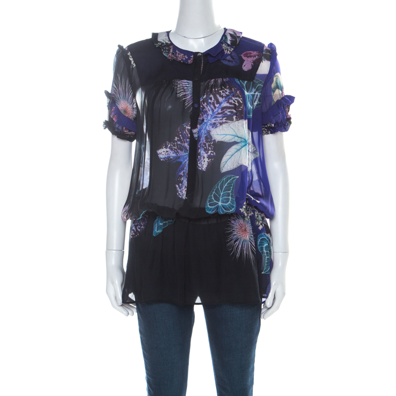 Image of Roberto Cavalli Black and Purple Floral Printed Silk Elasticized Waist Sheer Top M