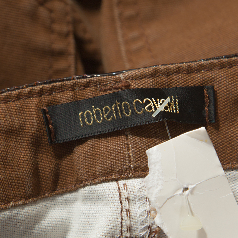 Roberto Cavalli Brown Stretch Cotton Leather Piping Detail Jeans M