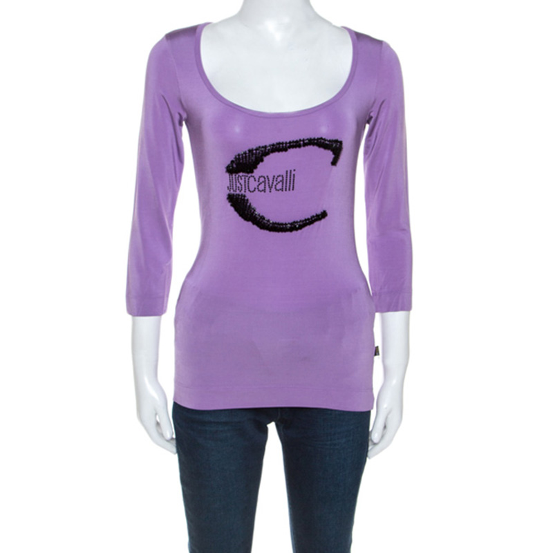 Roberto Cavalli Lilac Jersey Embellished Logo Scoop Neck Top S