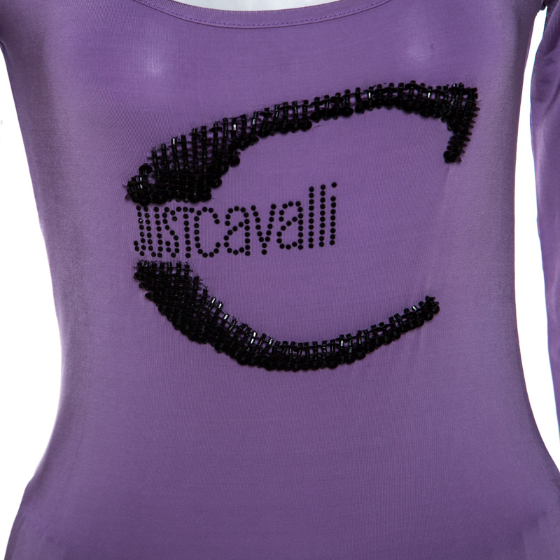 Roberto Cavalli Lilac Jersey Embellished Logo Scoop Neck Top S