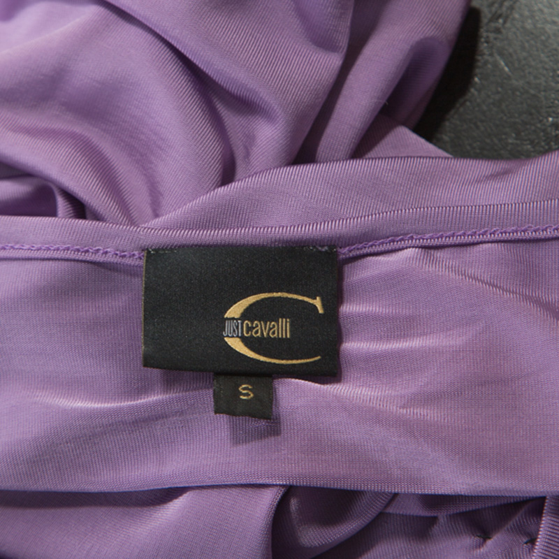 Roberto Cavalli Lilac Jersey Embellished Logo Scoop Neck Top S