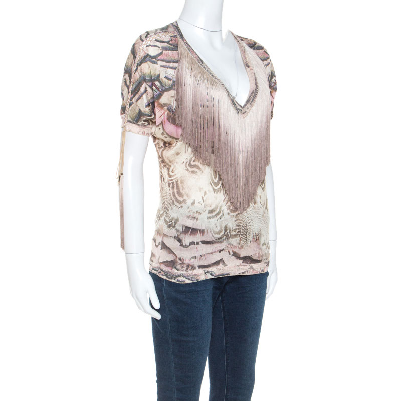 Roberto Cavalli Multicolor Printed Fringed Neckline V-Neck Top S