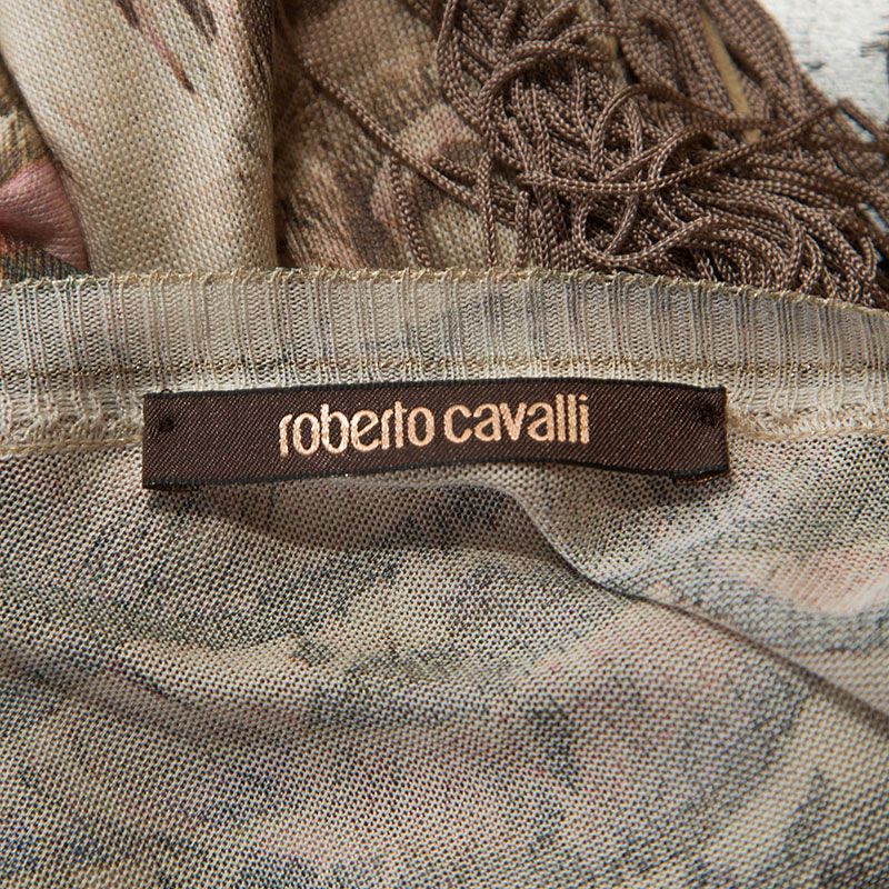 Roberto Cavalli Multicolor Printed Fringed Neckline V-Neck Top S