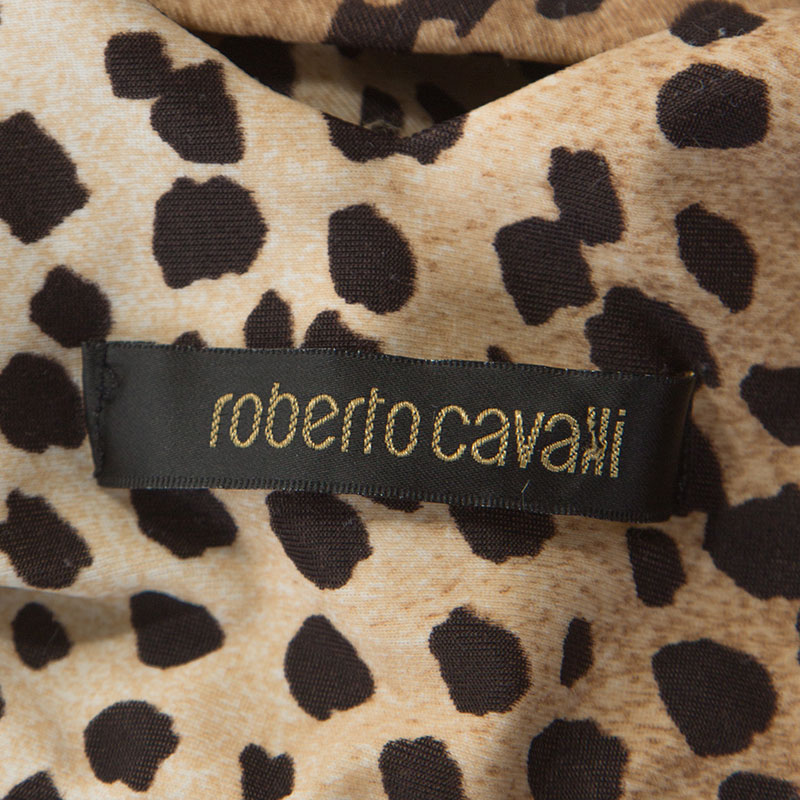 Roberto Cavalli Beige Leopard Print Stretch Ruched Detail Sleeveless Top XS