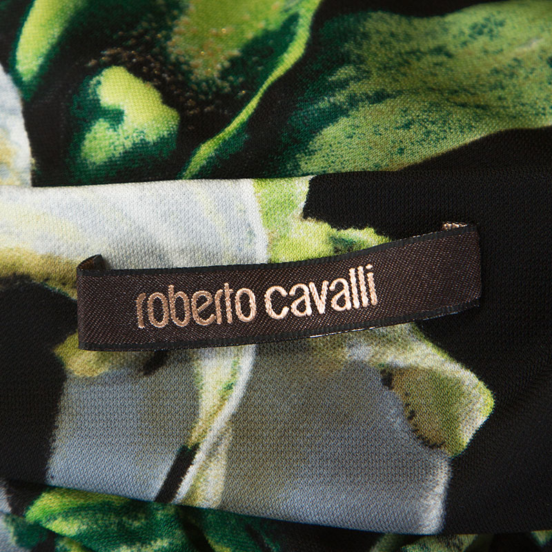 Roberto Cavalli Black Floral Printed Knit Brooch Detail Top S