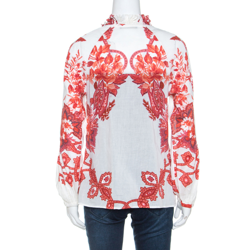 Roberto Cavalli Off White Floral Printed Ruched Detail Shirt S