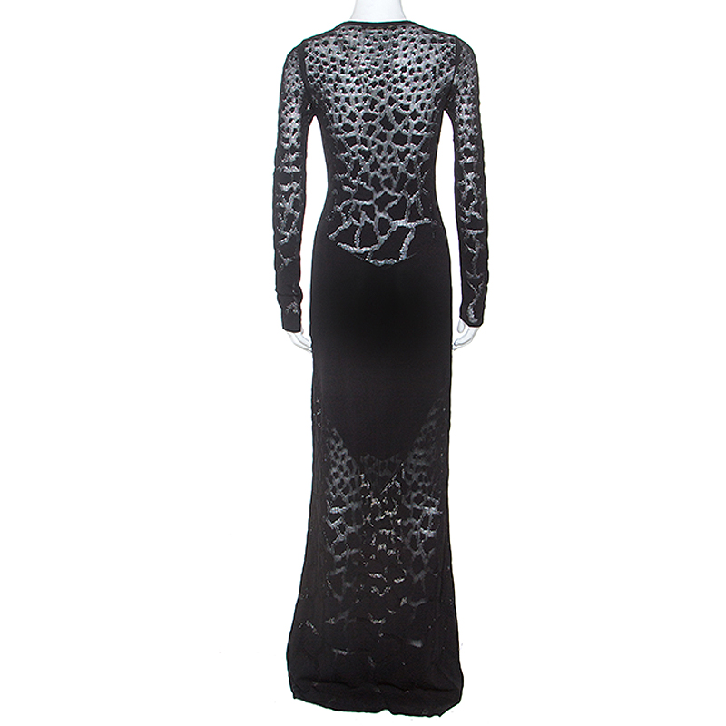Roberto Cavalli Black Stretch Knit Sheer Detail Long Sleeve Maxi Dress S
