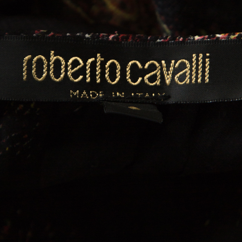 Roberto Cavalli Black Printed Stretch Knit Neck Tie Detail Top S