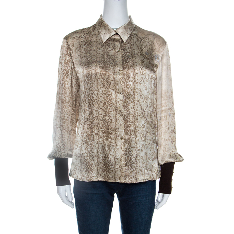Image of Roberto Cavalli Beige Printed Silk Contrast Trim Button Front Shirt M