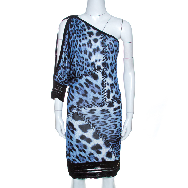 Image of Roberto Cavalli Bicolor Animal Print Knit One Shoulder Dress M