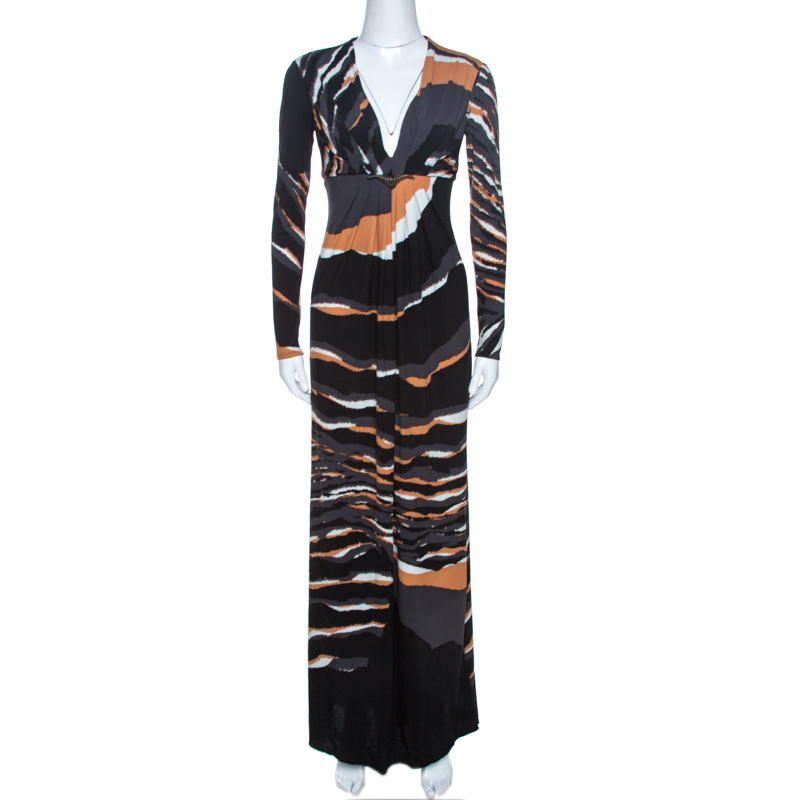 Roberto cavalli multicolor stretch jersey draped v neck maxi dress s