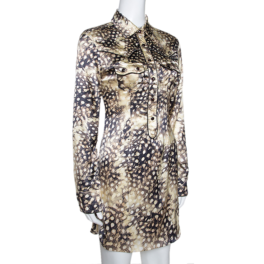 Roberto Cavalli Bicolor Animal Print Silk Shirt Dress S