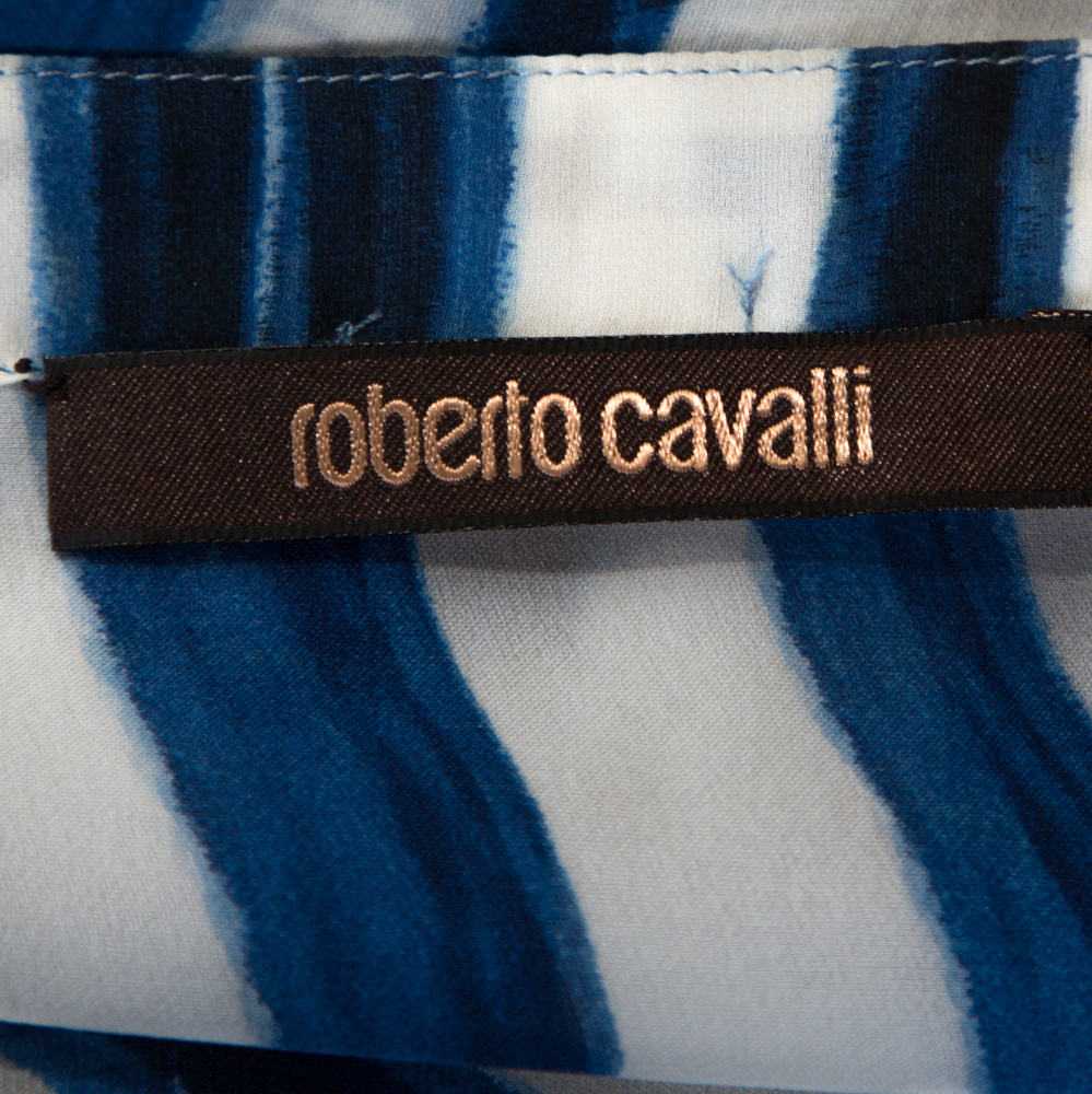 Roberto Cavalli Blue And White Deco Print Silk Tie Up Blouse M
