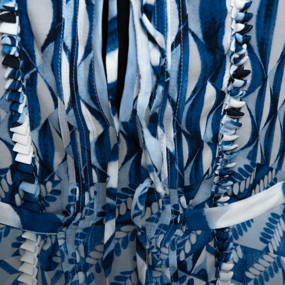 Roberto Cavalli Blue And White Deco Print Silk Tie Up Blouse M