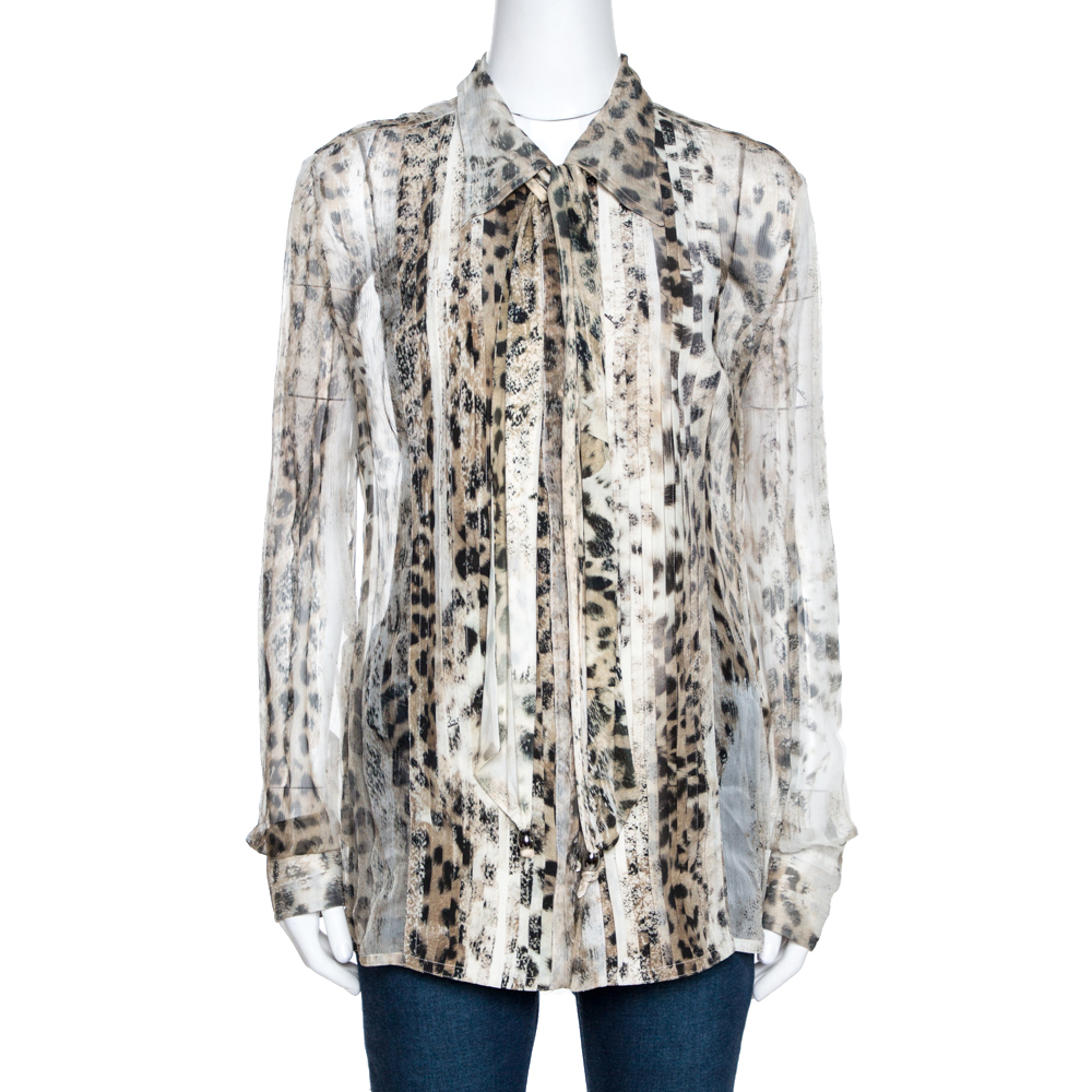 Image of Roberto Cavalli Beige Animal Print Silk Pleated Sheer Shirt L