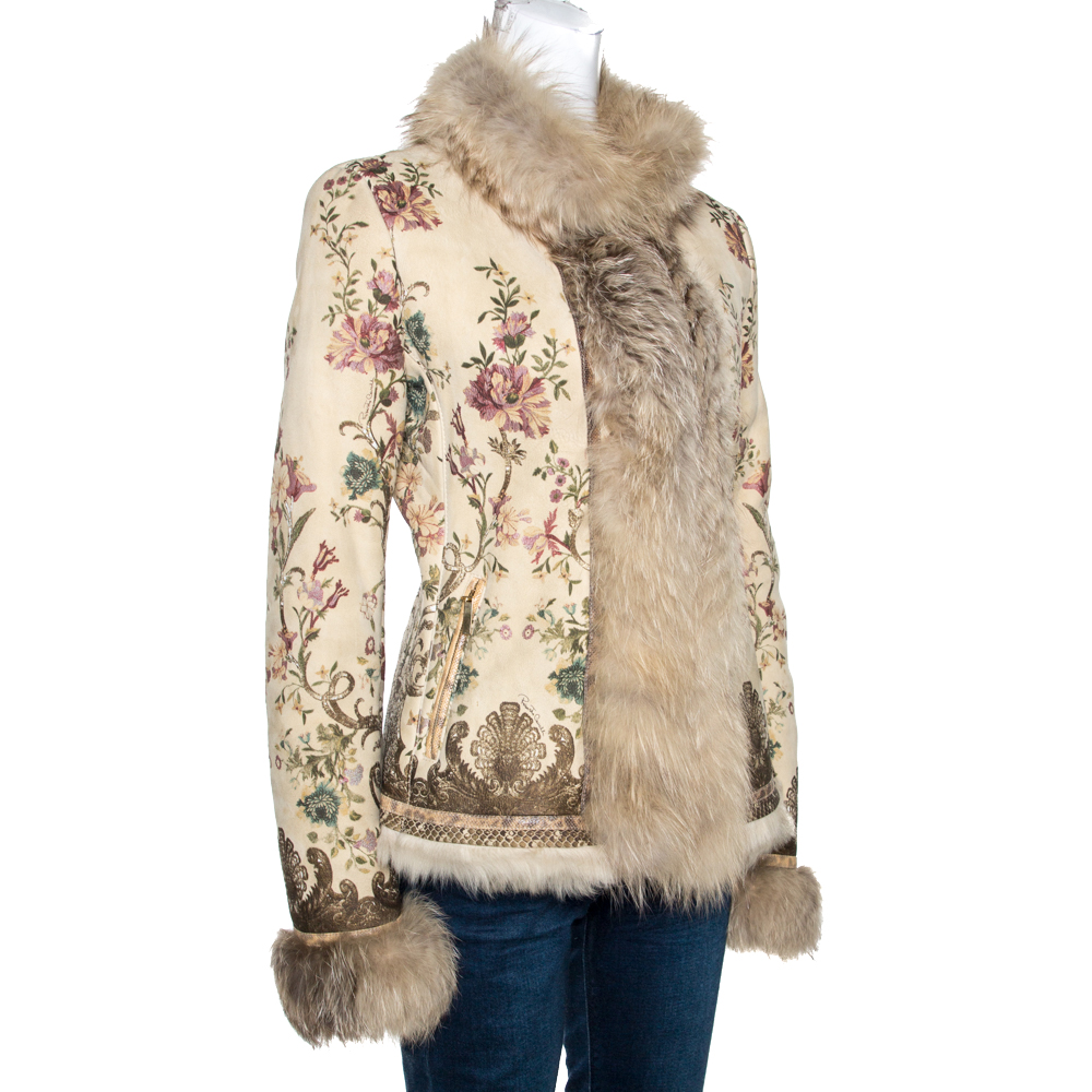 

Roberto Cavalli Beige Floral Print Leather Fox Fur Lined Jacket