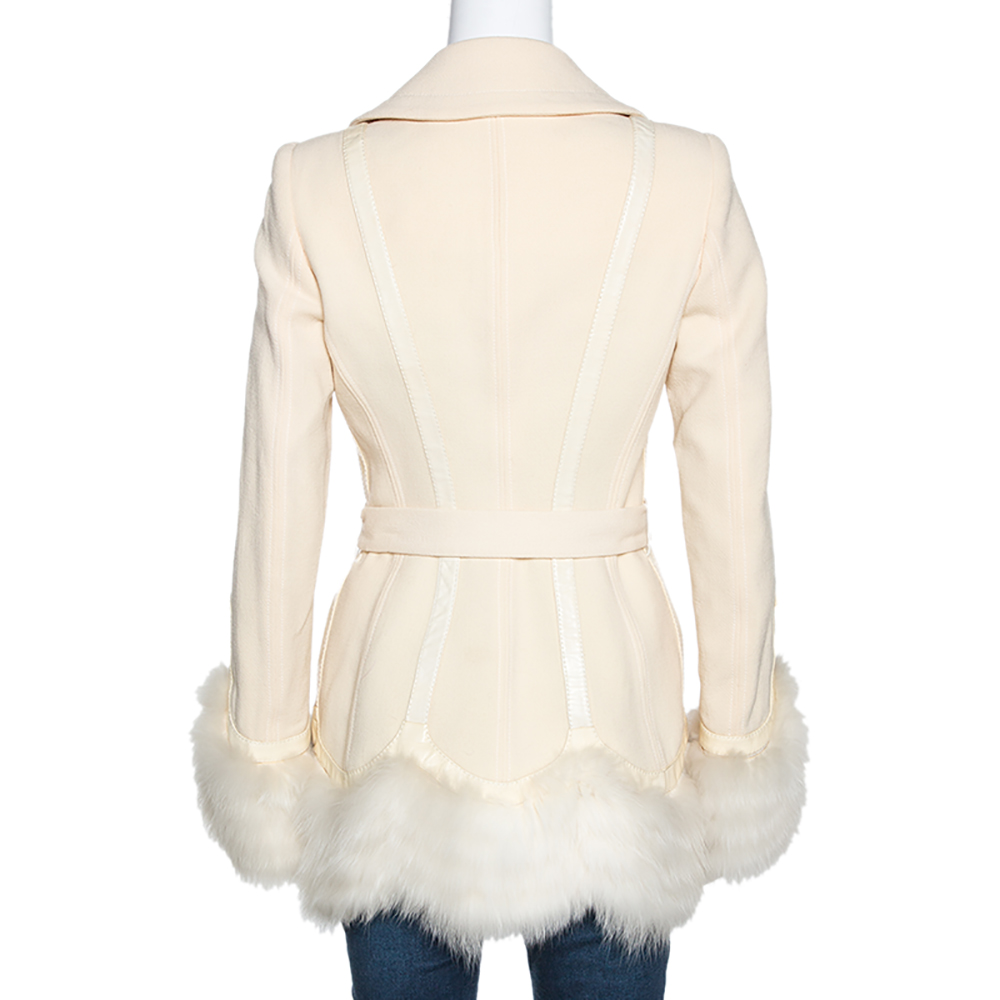 Roberto Cavalli Cream Wool Fox Fur Trim Belted Jacket M
